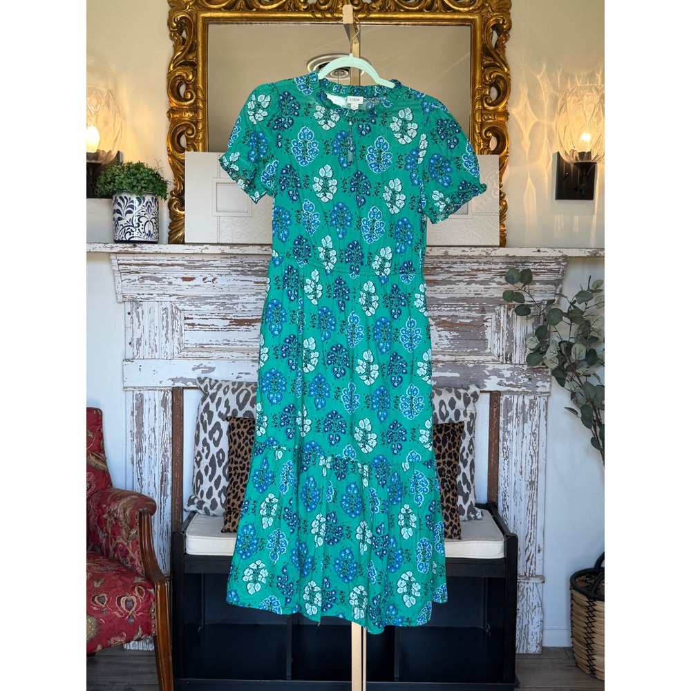 J.Crew Green Blue Floral Block Print Cotton Tiered Maxi Dress Pockets Size 6